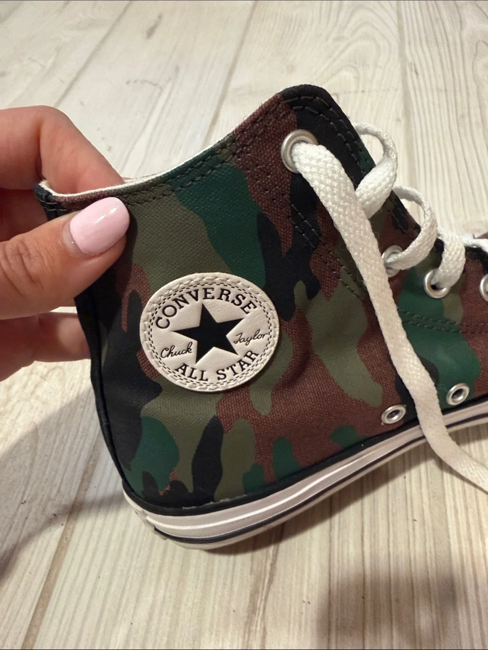 Converse High Top Sneakers - Camo Green with White Laces and Orange Patch